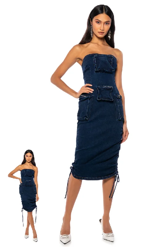 CHARLIE DENIM CARGO STRAPLESS MIDI DRESS