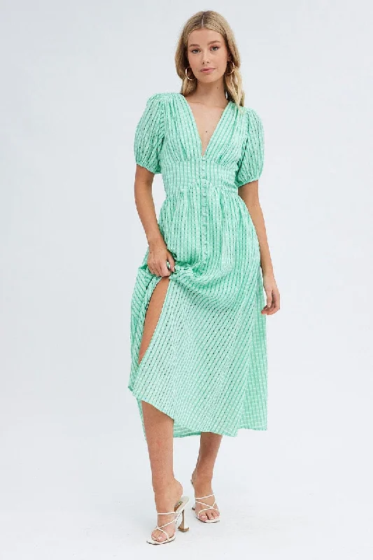 Green Check Check Puff Sleeve Midi Dress