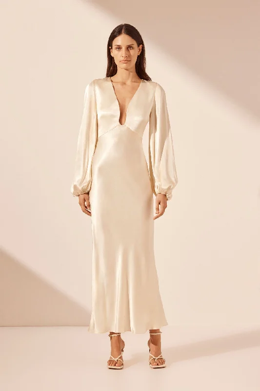 LA LUNE PLUNGED NECK BALLOON SLEEVE MIDI DRESS - CREAM