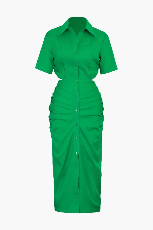 Cut Out Ruched Midi Shirt Dress