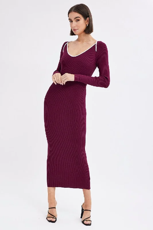 Purple Midi Dress Long Sleeve Sweetheart Contrast Bind