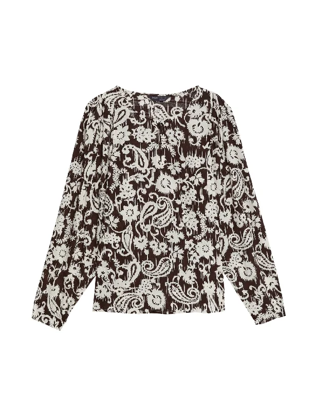 Cotton Blend Printed Crew Neck Blouse