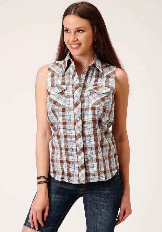 Roper Womens 55/45 Plaid Brown/Blue Cotton Blend S/L Shirt