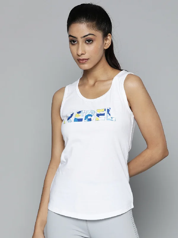 Women White Typography Printed Slim Fit Training or Gym T-shirt