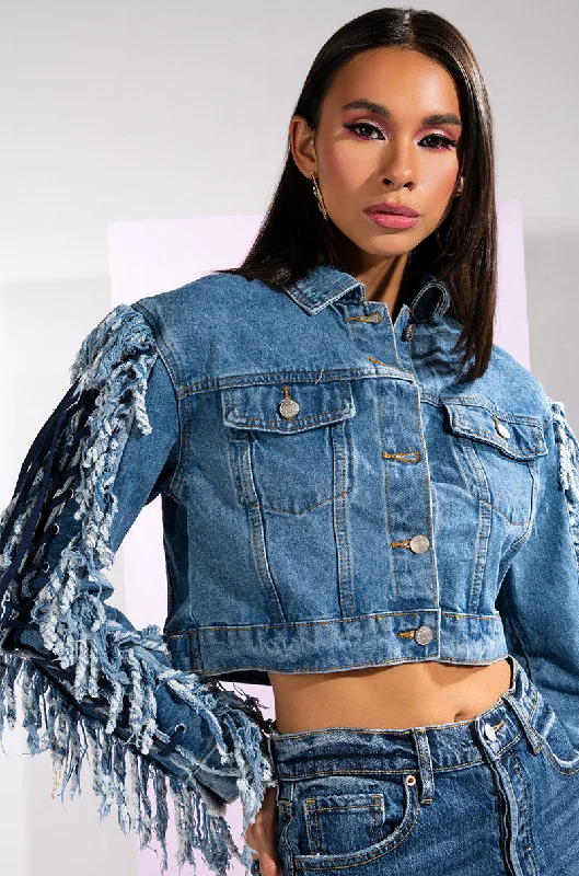 AZALEA WANG RINNA LACE UP FRINGE DENIM JACKET