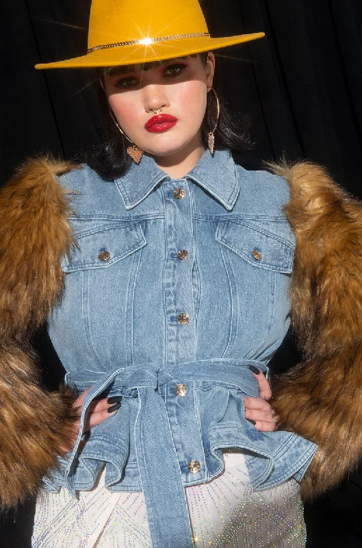 PLUS AZALEA WANG PORTUGAL DENIM FAUX FUR ARM JACKET