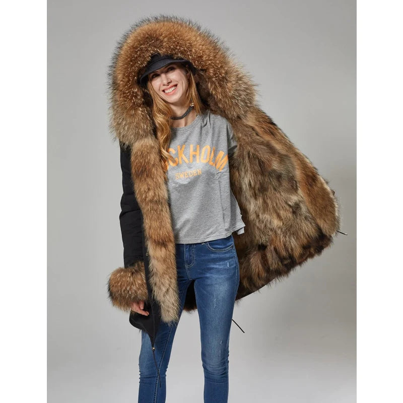 Real and Natural Raccoon Fur Collar Big Winter Jacket For Women