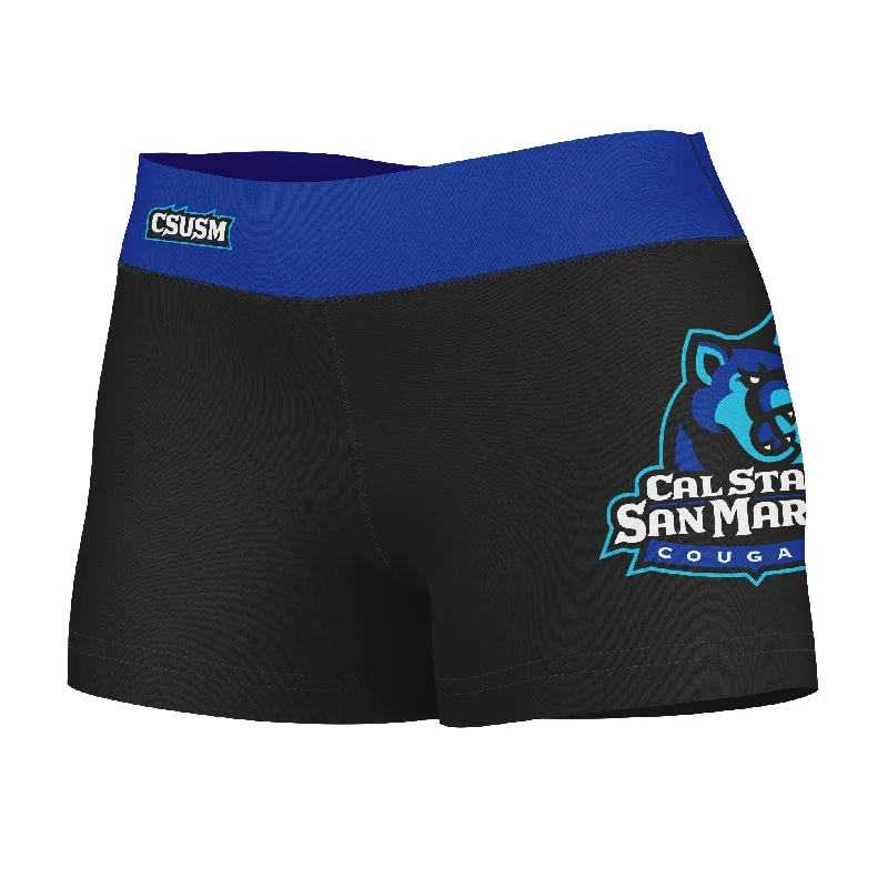 Cal State San Marcos Cougars Logo on Thigh & Waistband Black & Blue Womens Yoga Booty Workout Shorts by Vive La Fete