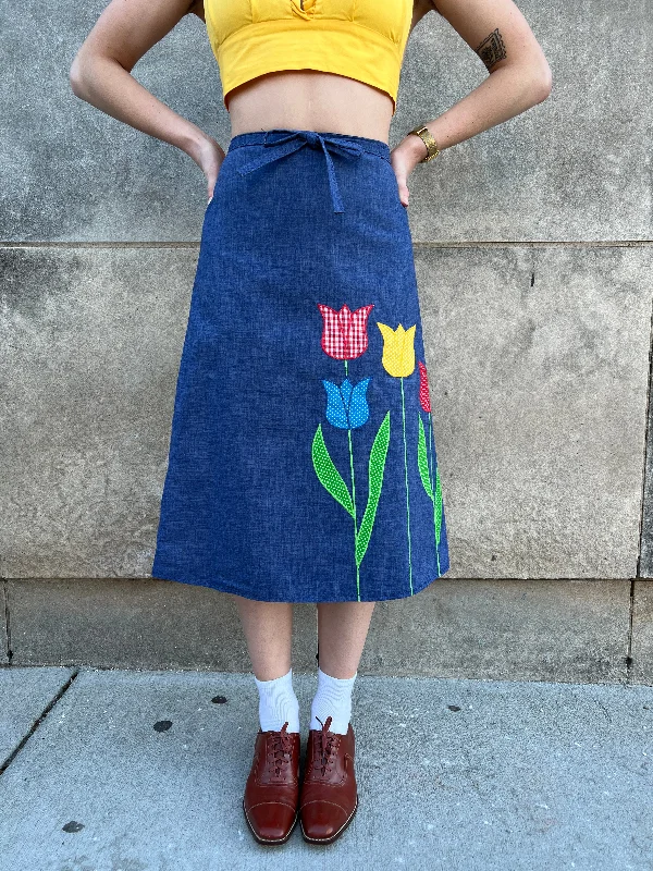 70s Blue Chambray Wrap Skirt, 4 Tulip Appliqué