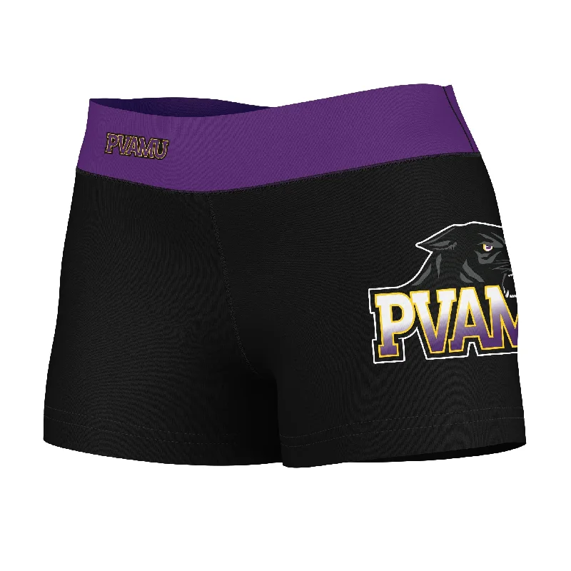 Prairie View A&M Panthers PVAMU Logo on Thigh & Waistband Black & Purple Womens Yoga Booty Workout Shorts by Vive La Fete