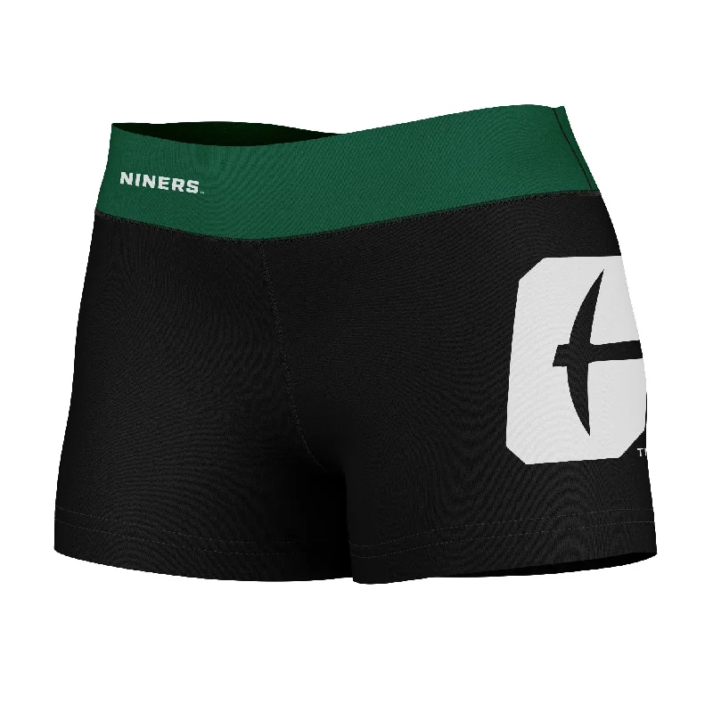 UNC Charlotte 49ers Logo on Thigh & Waistband Black & Green Womens Yoga Booty Workout Shorts by Vive La Fete