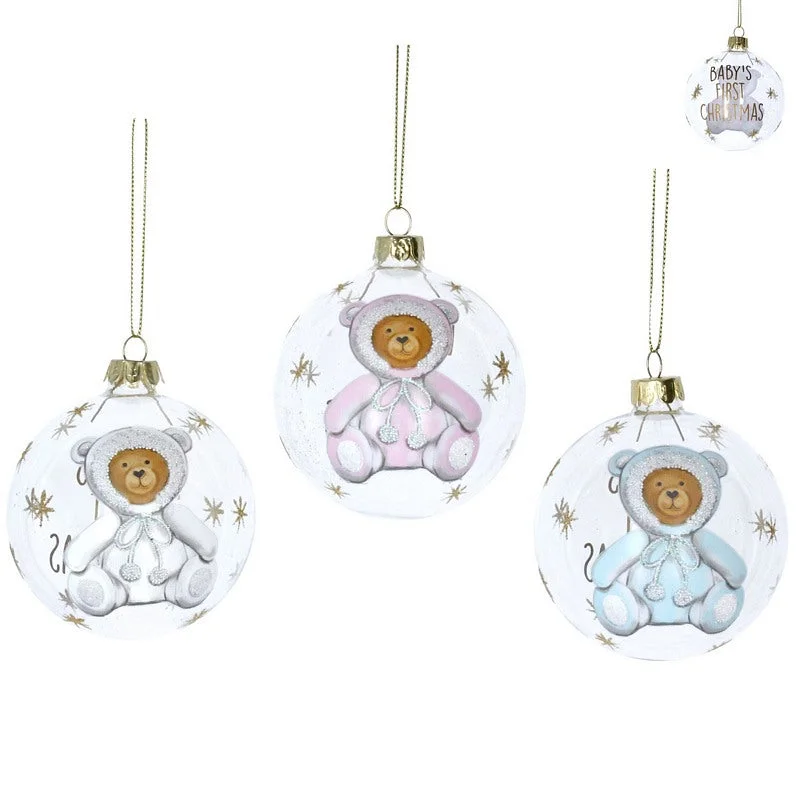 Clear Glass Bauble with Baby's First Christmas Teddy