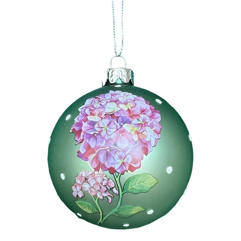 Matt Green Glass Bauble with Pink Hydrangeas