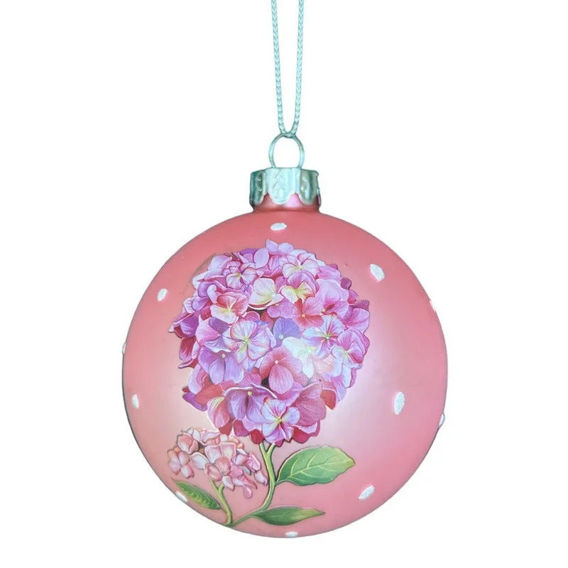 Matt Pink Glass Bauble with Pink Hydrangeas