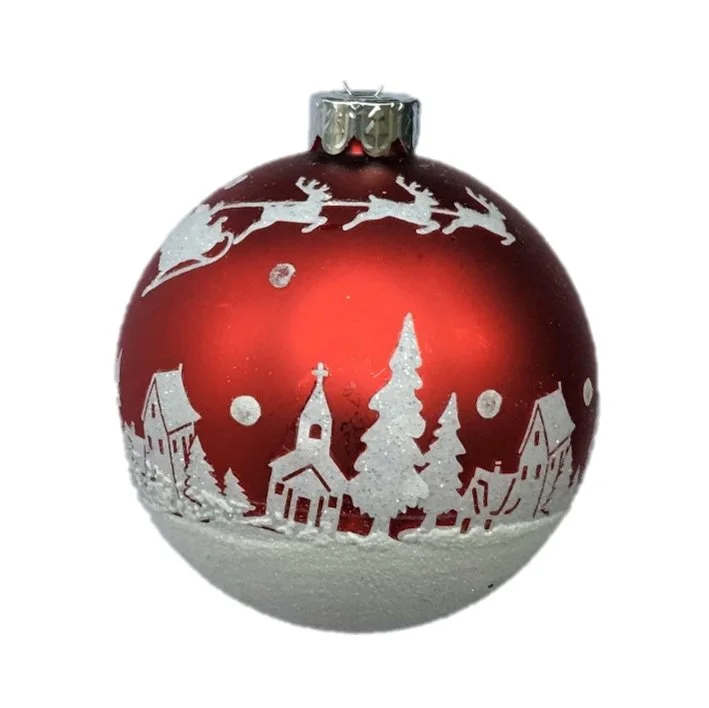 Matt Red Glass Ball with White Glitter Snow Scene