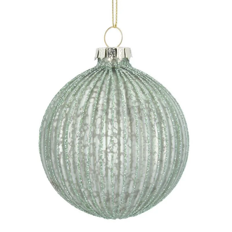 Pale Green Glitter Ribbed Glass Bauble