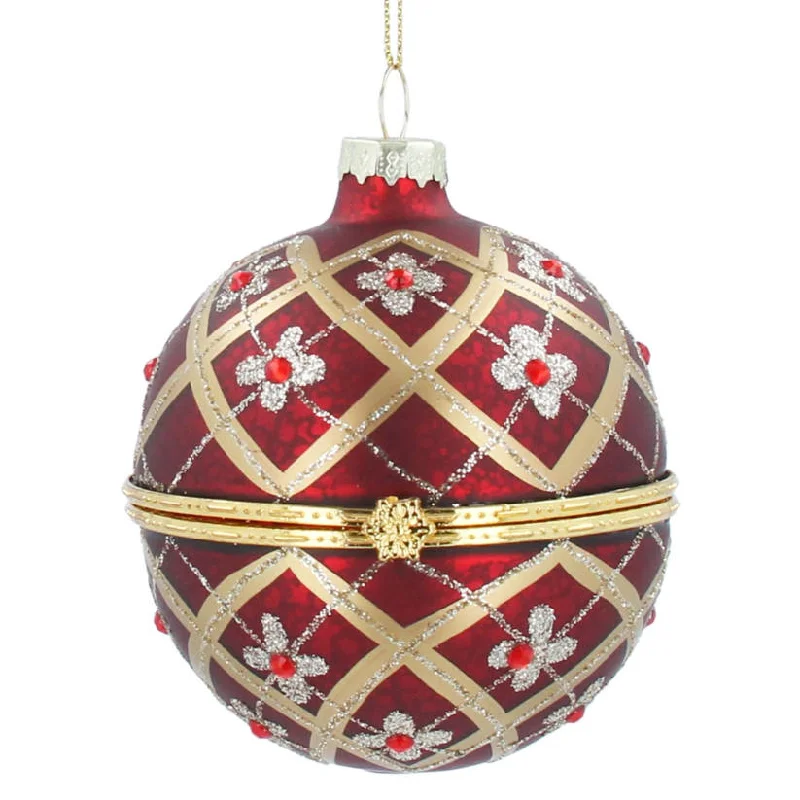 Red & Gold Floral Trellis Opening Glass Bauble